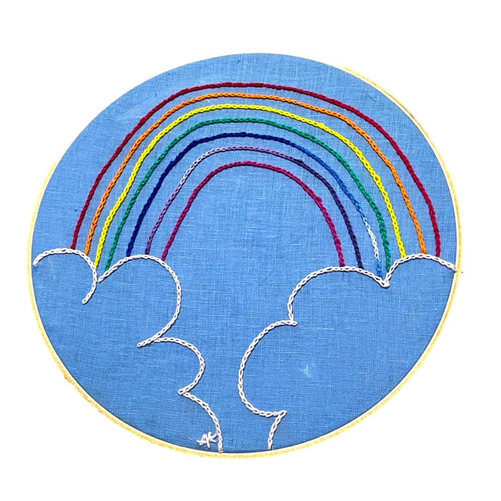 Rainbow Hand-Stitched Embroidery Hoop Decor Wall Office Nursery Handmade Clouds